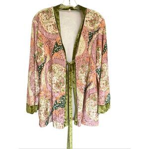 Bohemian Paisley Floral Velvet Tie Front Long Sleeve Rob Sz L
